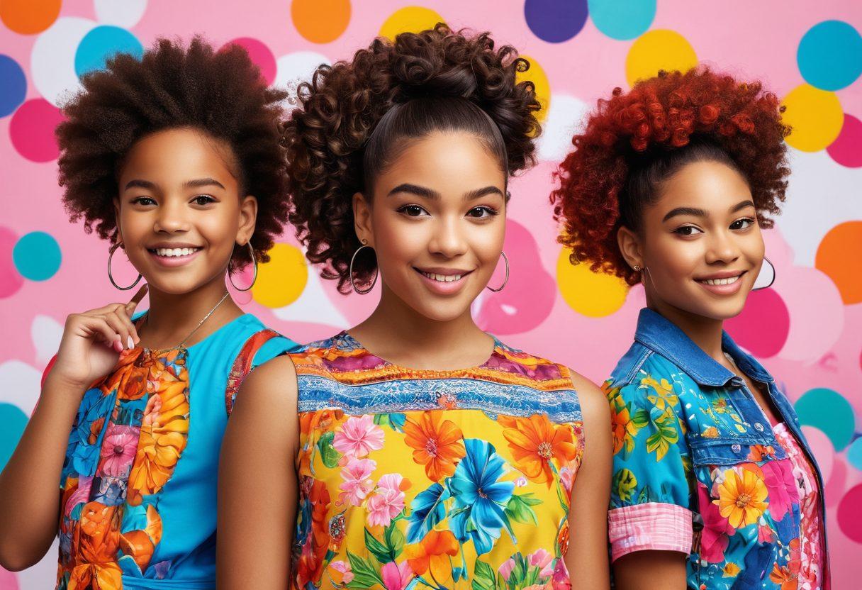 A vibrant scene showcasing diverse young girls experimenting with bold fashion styles and beauty trends. Include elements like colorful clothing, innovative hairstyles, and accessories that reflect empowerment and creativity. The background features playful patterns and motivational quotes that inspire confidence. The overall atmosphere is uplifting and energetic, promoting individuality. super-realistic. vibrant colors. white background.
