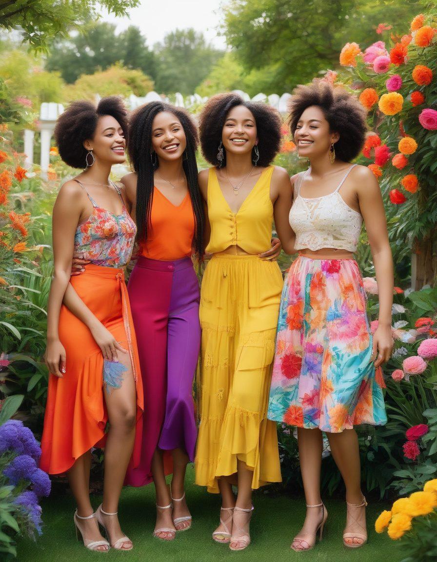 A group of diverse young women of different ethnicities and styles, joyfully supporting each other in a vibrant outdoor setting, surrounded by flowers and colorful fashion accessories. The scene radiates sisterhood with them enabling each other to express their beauty and style confidently. Bright and uplifting atmosphere showcasing empowerment. vibrant colors. super-realistic.