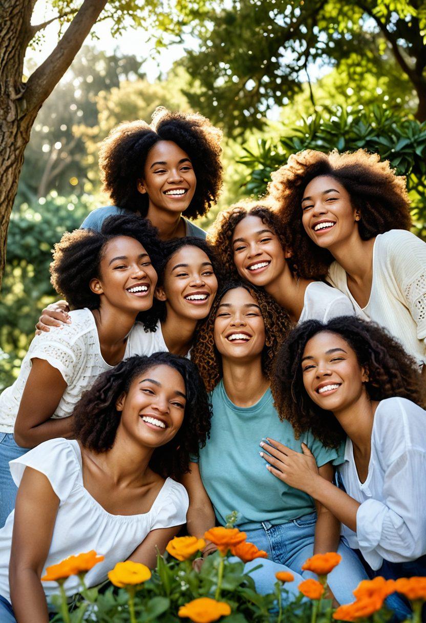 A diverse group of young women, laughing and supporting each other in a cozy outdoor setting, surrounded by nature. They are engaged in various activities: sharing stories, embracing, and collaborating on a project. The scene is infused with vibrant flowers and warm sunlight filtering through trees, symbolizing unity and empowerment. super-realistic. vibrant colors. soft focus.